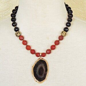 Southwestern Burnt Orange Carnelian & Black Agate Statement Pendant Necklace